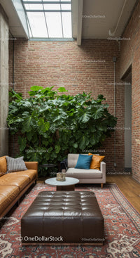 Modern Industrial Loft with Green Foliage and Cozy Seating Area