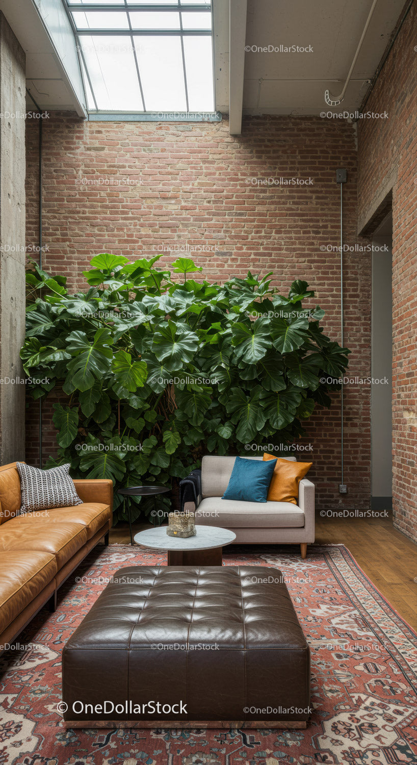 Nowoczesny loft w stylu industrialnym z zieloną roślinnością i przytulnym kącikiem wypoczynkowym