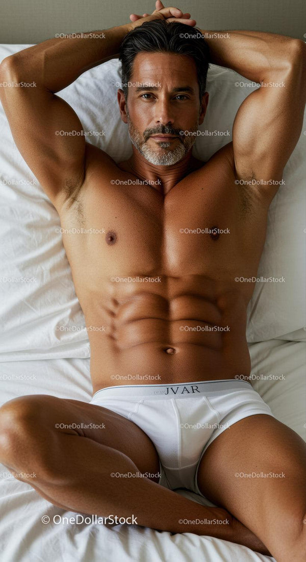 Fit mature man relaxing on bed in white briefs