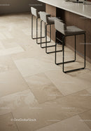 Modern Kitchen Bar Stools with Beige Tile Floor and Wooden Cabinets