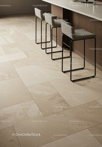 Modern Kitchen Bar Stools with Beige Tile Floor and Wooden Cabinets