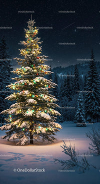 Snowy Christmas Tree Lit Under Starry Sky