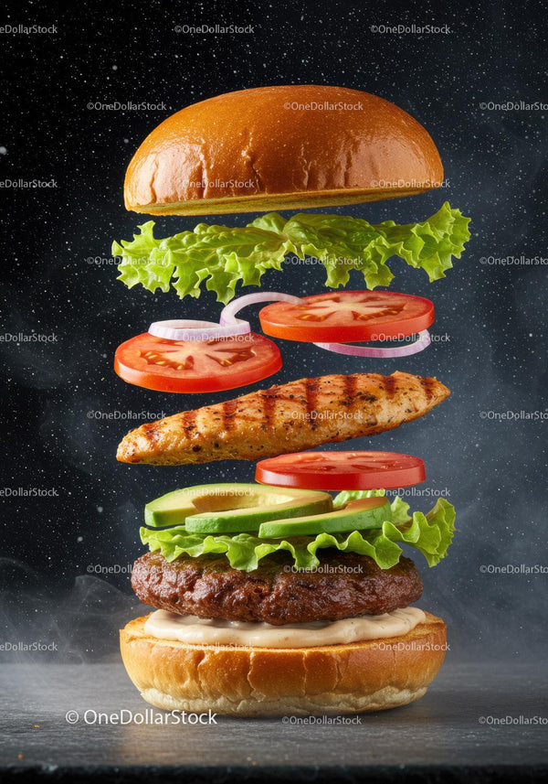 Rozłożony na części gourmet burger z świeżymi składnikami unoszącymi się w powietrzu