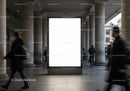 Blank urban billboard in classical colonnade with passersby