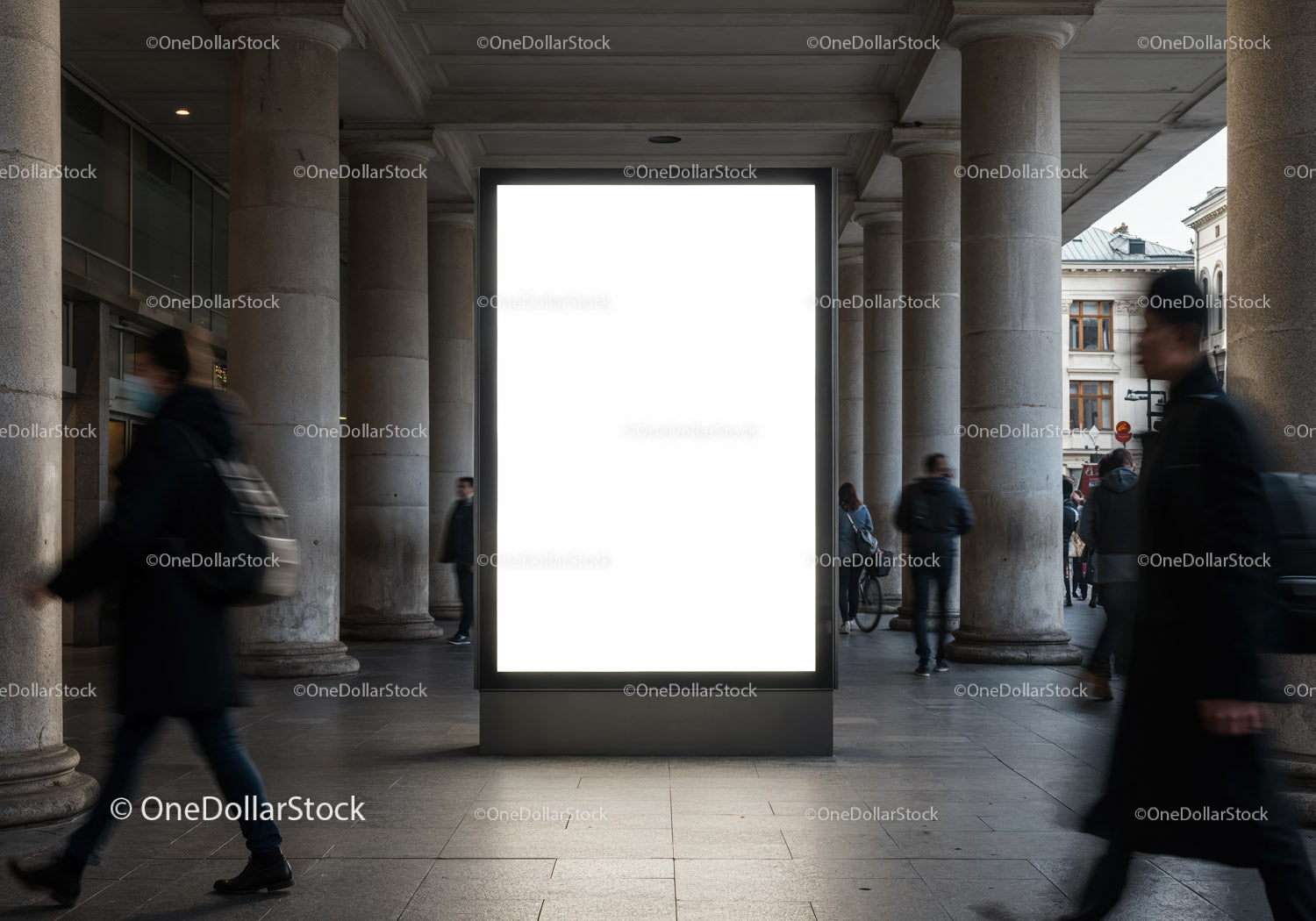 Blank urban billboard in classical colonnade with passersby