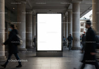 Blank urban billboard in classical colonnade with passersby