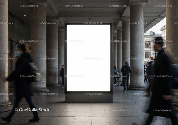 Blank urban billboard in classical colonnade with passersby JPG Mockup Image