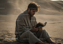 Young Man Sitting on Beach Reading Book in Calm Sunset Atmosphere