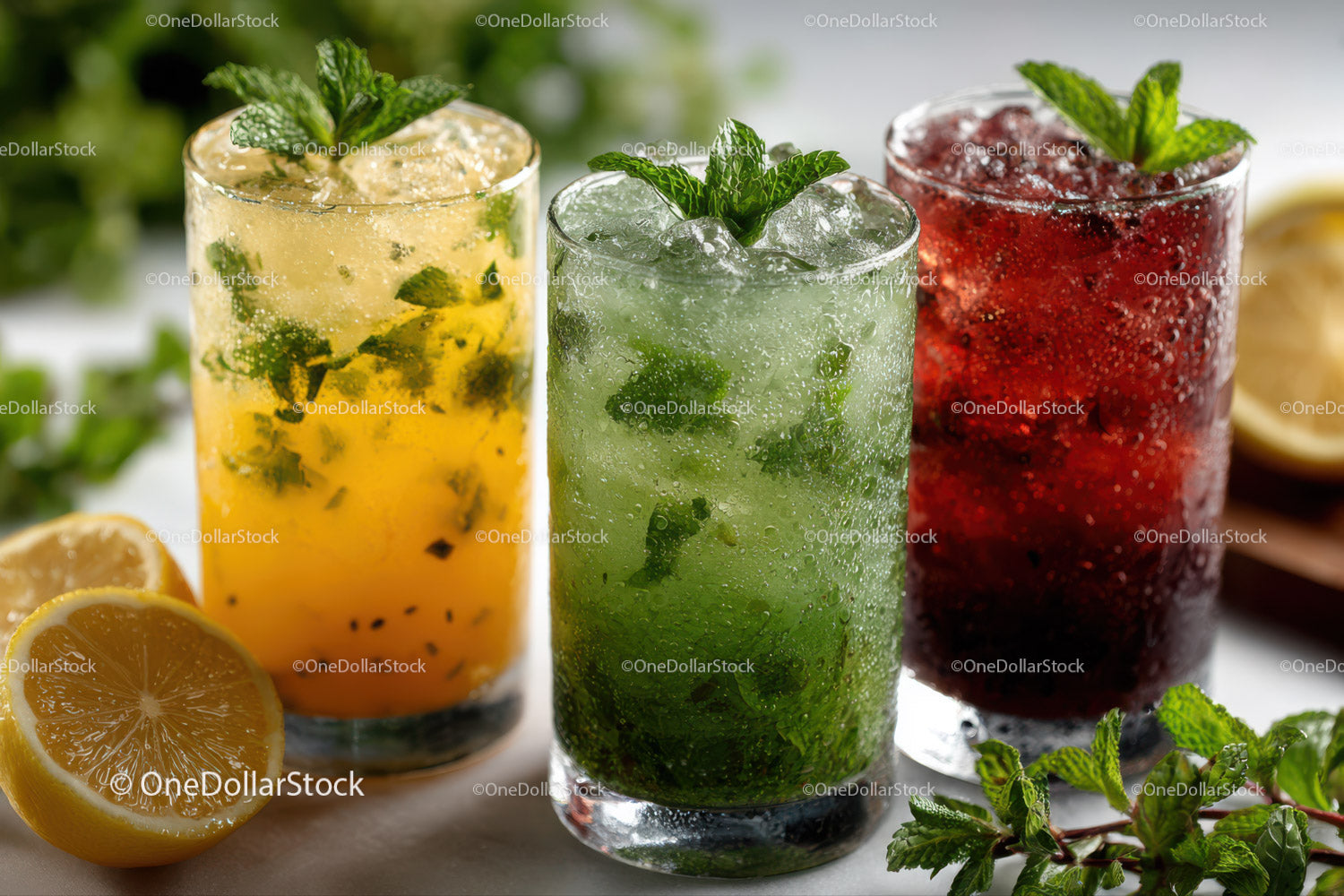Colorful Fruit Beverages with Fresh Mint and Lemon Slices