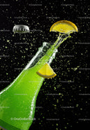 Refreshing green soda bottle with lemon splash