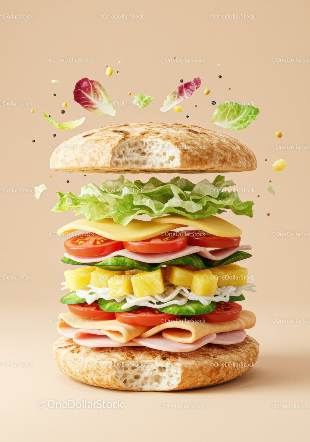 Fresh multi-layered sandwich with colorful ingredients