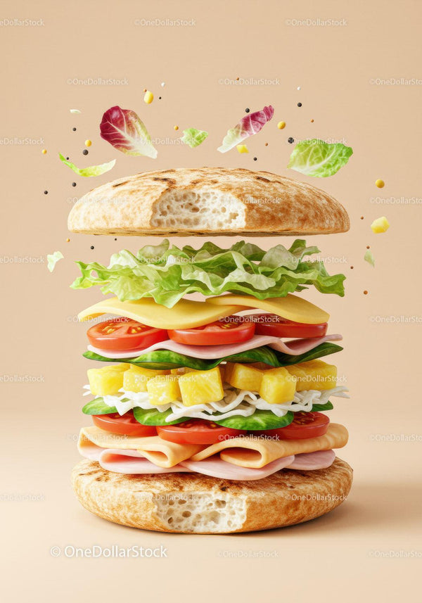 Fresh multi-layered sandwich with colorful ingredients