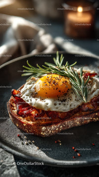 Gourmet Fried Egg on Bacon Toast with Rosemary Garnish