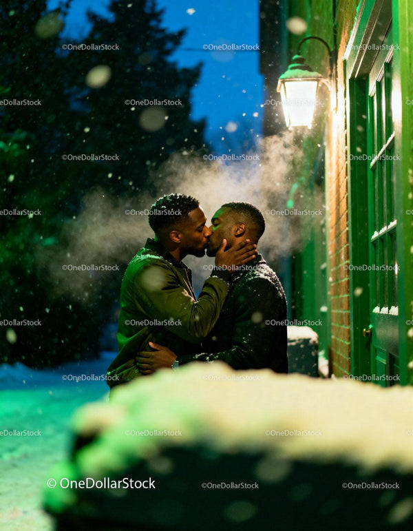 Romantic Winter Kiss Between Two Men Outside a Home