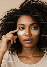 Elegant Woman with Curly Hair Wearing Under-Eye Patches for Skincare