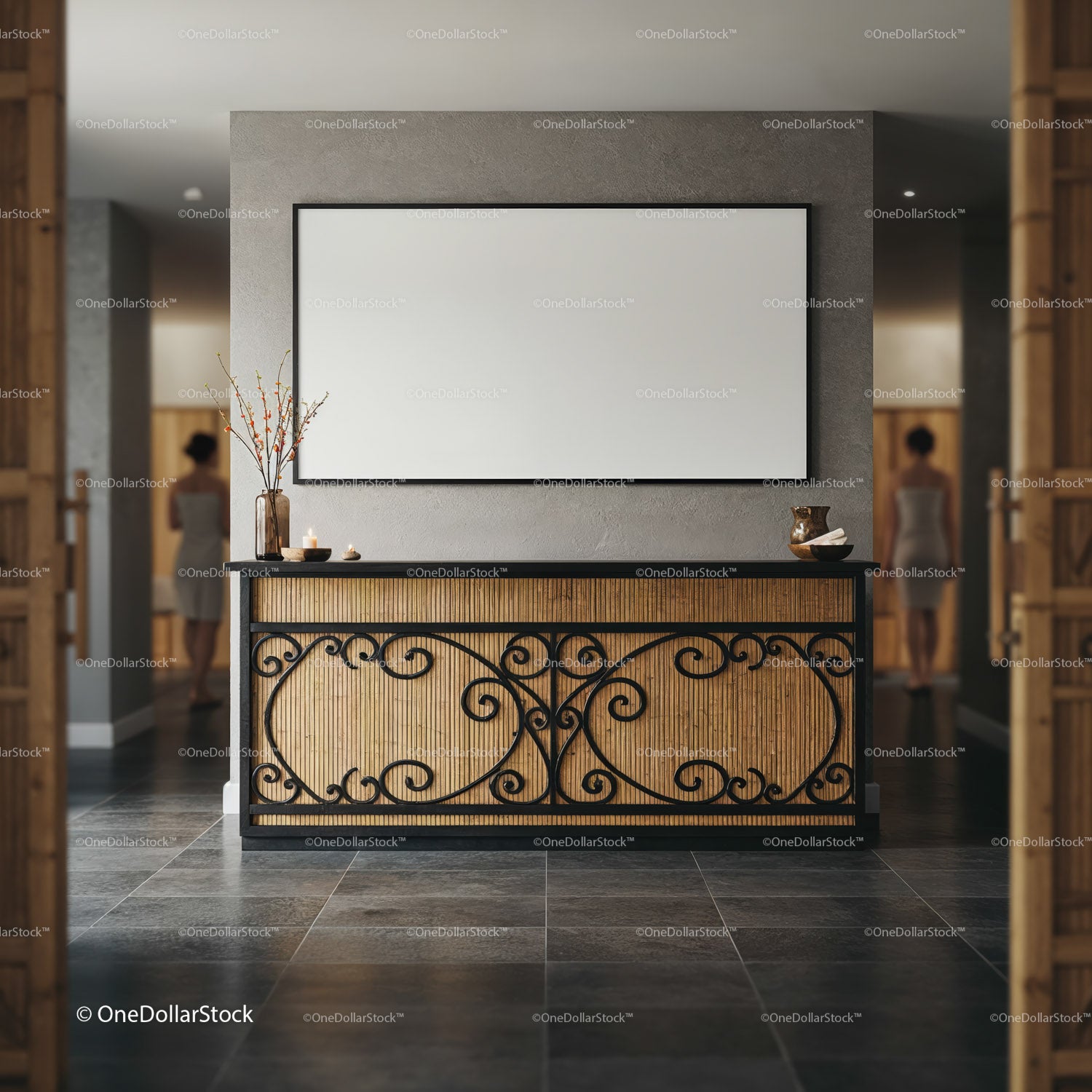 Elegant reception desk in serene spa hallway