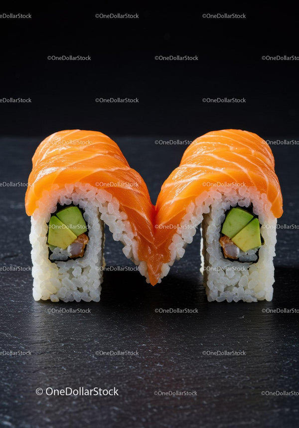 Fresh Salmon Sushi Rolls with Avocado on Black Slate