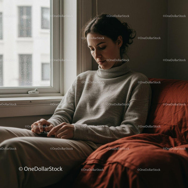 Woman Sitting on Sofa in Cozy Modern Interior with Natural Light