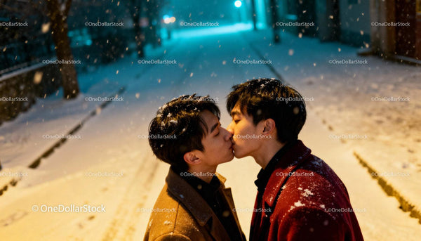Young couple sharing a tender kiss in snowy night