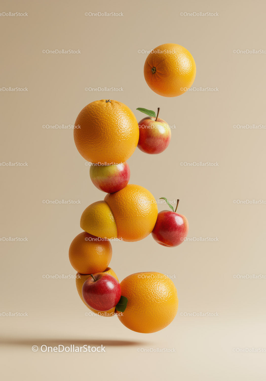 Creative floating fruit composition in beige setting