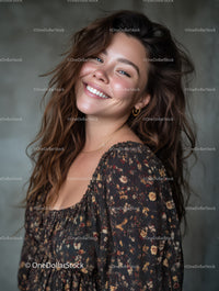 Bright Cheerful Woman Smiling with Curly Hair in Floral Dress