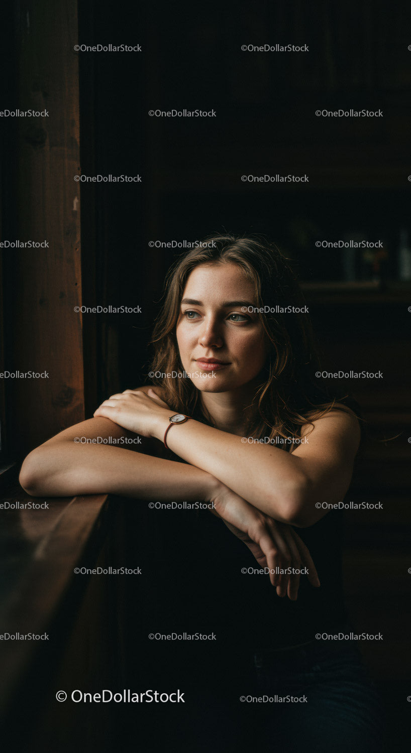 Thoughtful young woman resting arms on wooden window sill