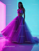 Vibrant Purple Tulle Gown with Neon Colored Background