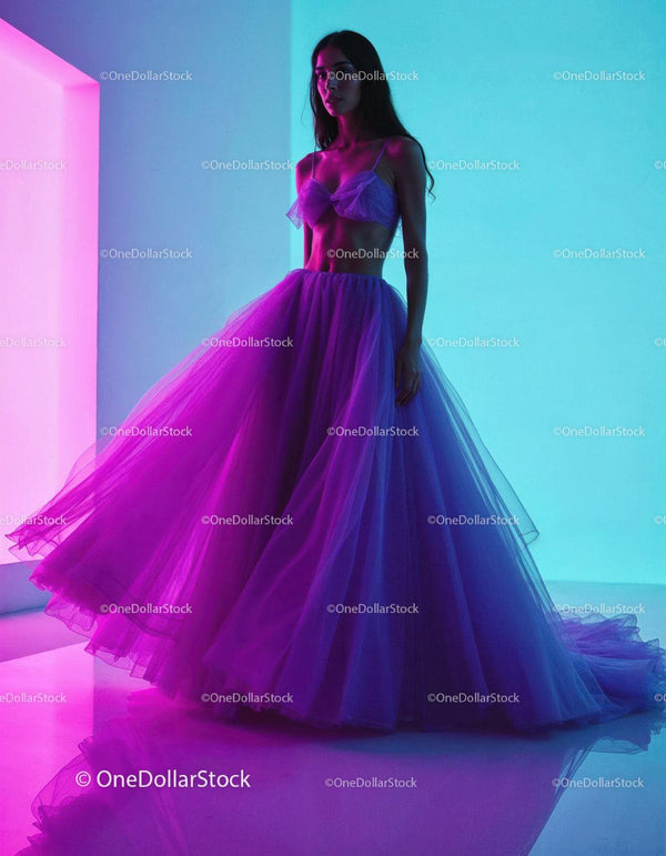 Vibrant Purple Tulle Gown with Neon Colored Background