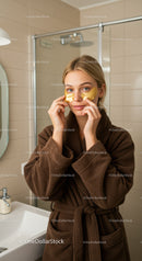 Young Woman with Gold Under-Eye Patches Using Skincare in Bathroom