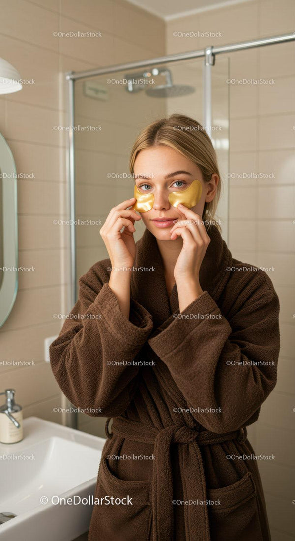Young Woman with Gold Under-Eye Patches Using Skincare in Bathroom
