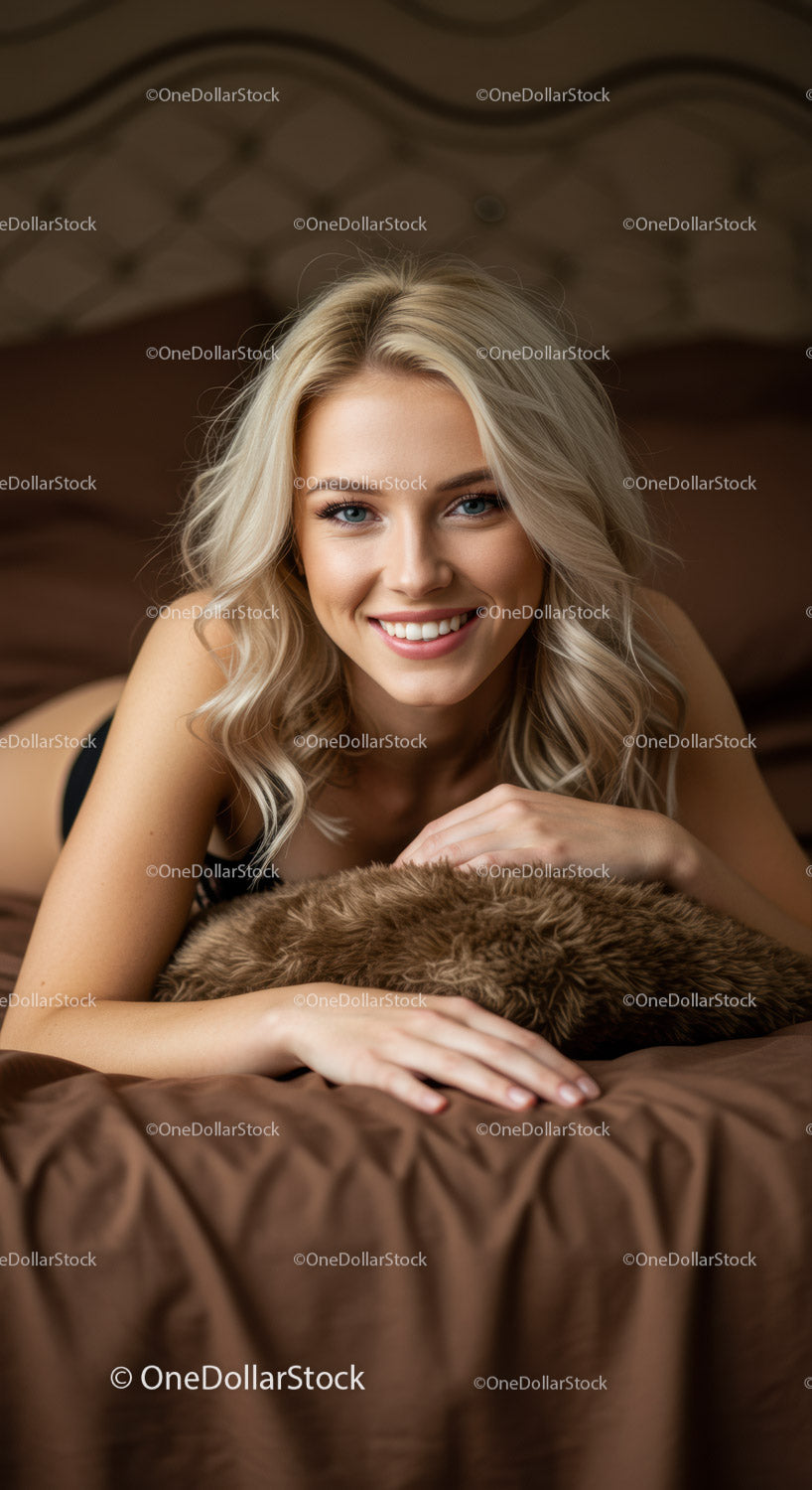 Blonde woman smiling lying comfortably on bed