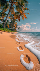 Tropical Beach with Palm Trees and Ocean Waves at Sunset