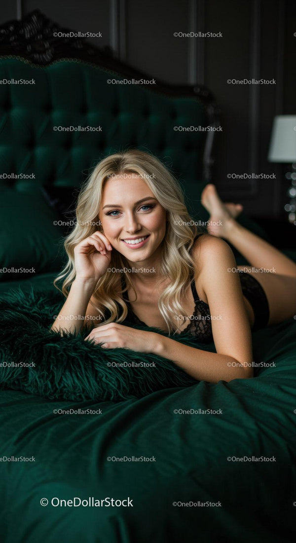 Smiling young woman relaxing on green velvet bed