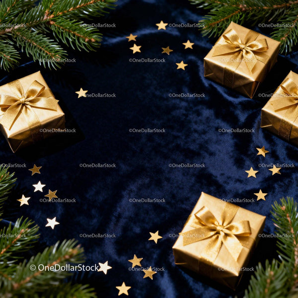 Golden Gift Boxes with Pine Branches on Velvet