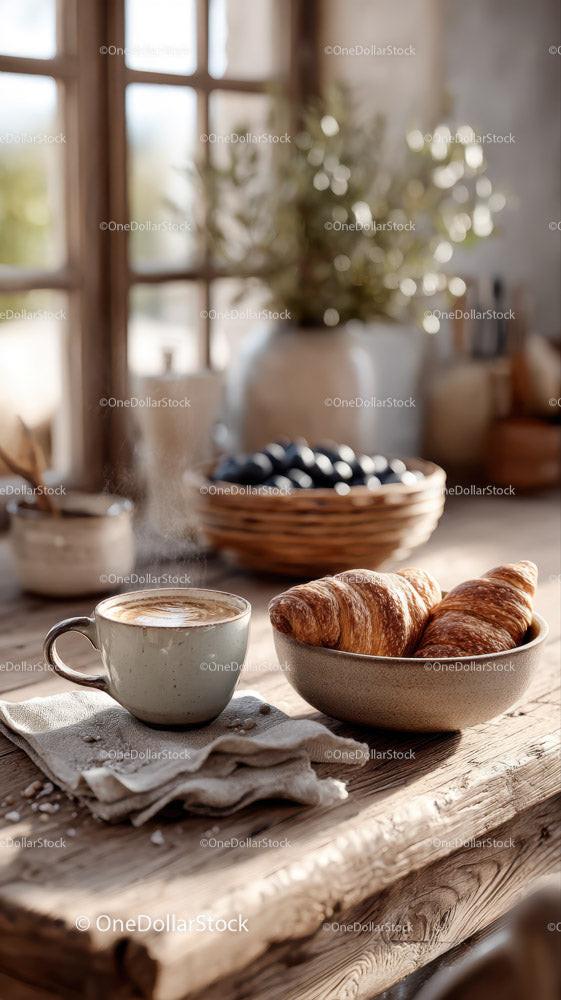 Przytulna scena śniadaniowa z kawą i rogalikami w nasłonecznionej kuchni