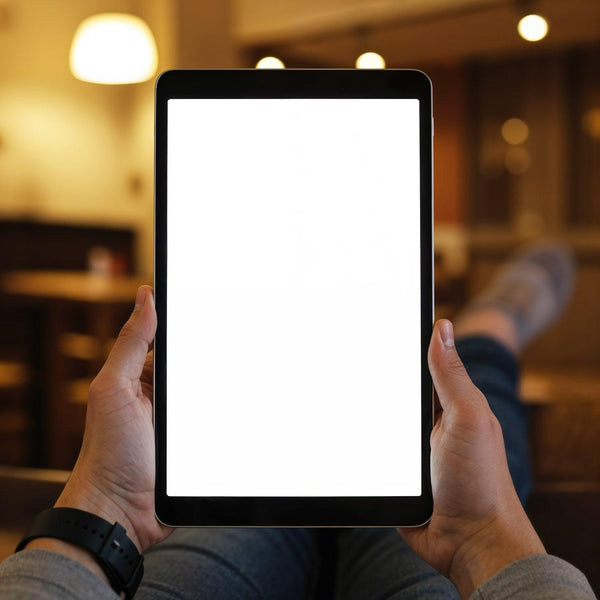 Relaxed person holding tablet with blank screen indoors JPG Mockup Image