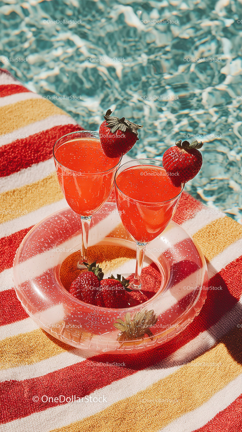 Refreshing Strawberry Juices in Elegant Glasses by the Pool