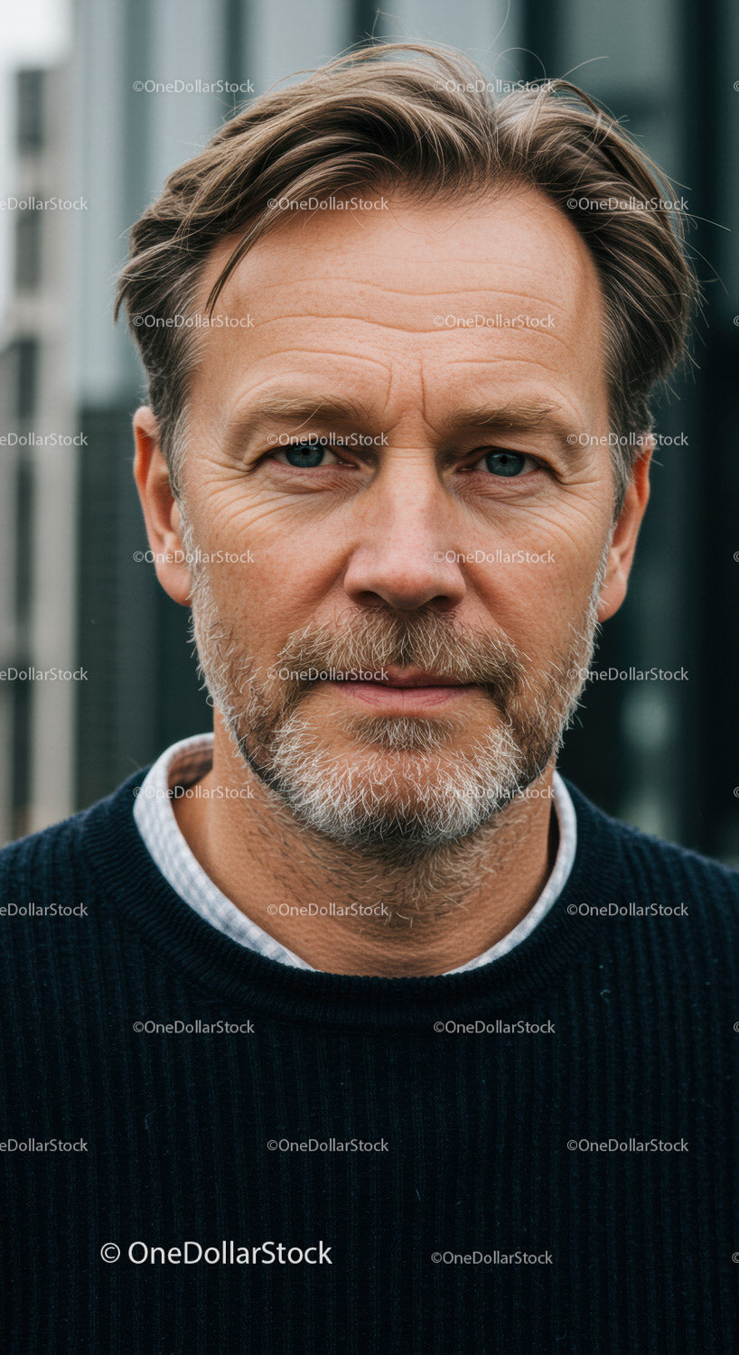 Close-up Portrait of a Confident Middle-Aged Man with Blue Eyes