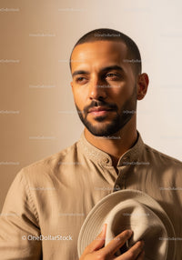 Stylish Young Man in Beige Shirt Holding Fedora Hat in Studio