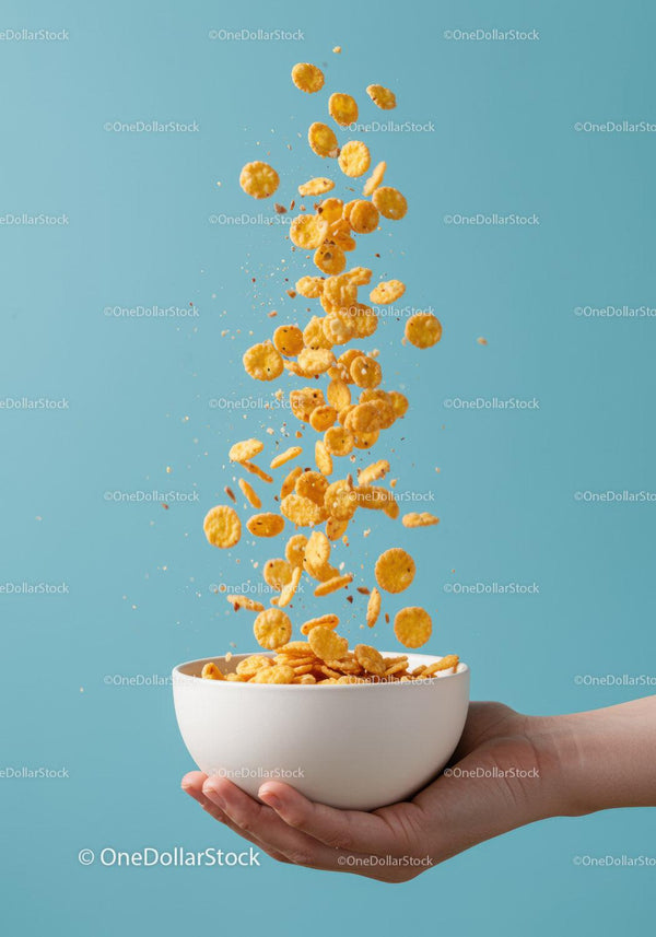 Hand Holding Bowl with Falling Corn Snacks on Blue