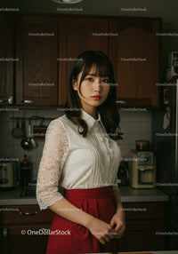 Young Woman in Elegant Blouse and Red Skirt in Modern Kitchen
