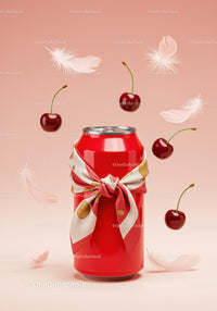 Red can wrapped in stylish scarf with floating cherries