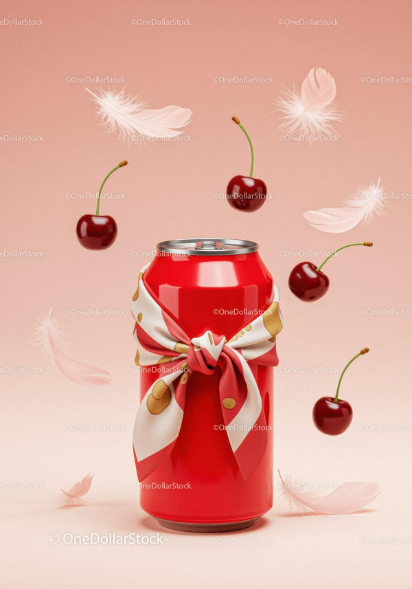 Red can wrapped in stylish scarf with floating cherries