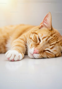 Sleeping orange tabby cat resting peacefully on floor