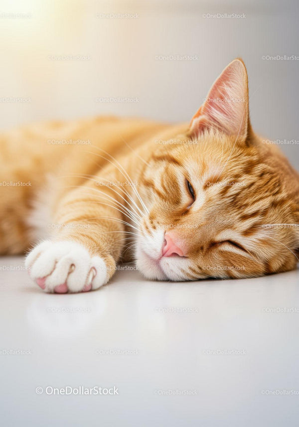 Sleeping orange tabby cat resting peacefully on floor
