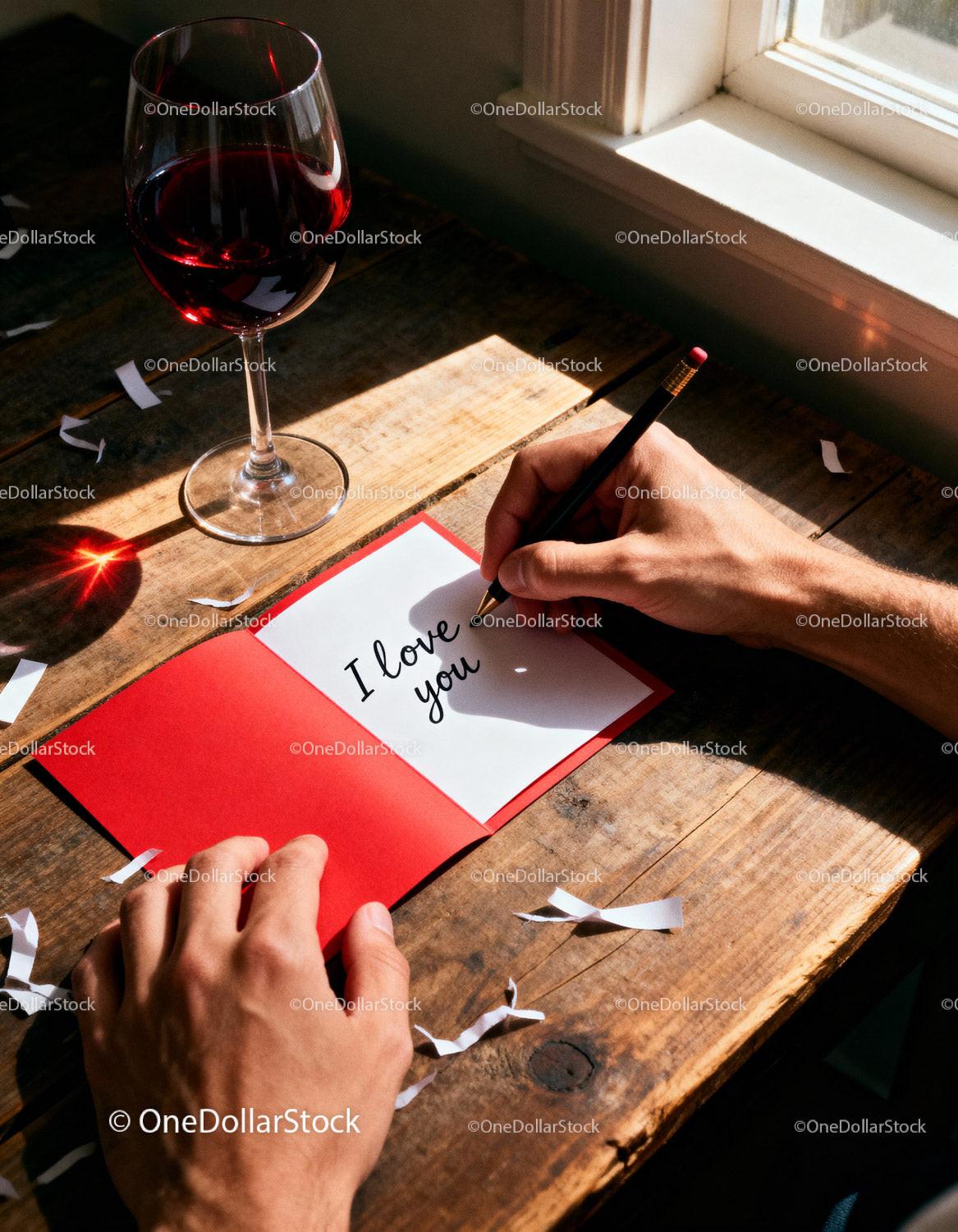 Handwriting a Romantic Love Note Beside a Glass of Red Wine