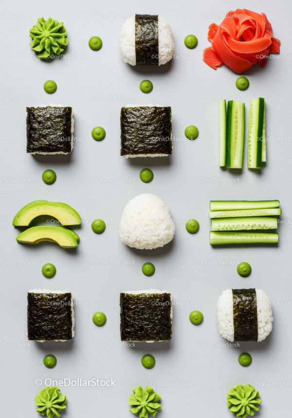 Minimalist flat lay of sushi and fresh ingredients