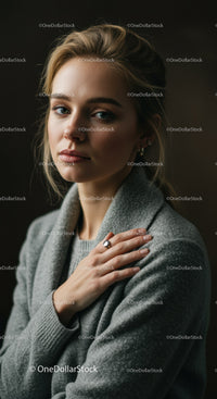 Thoughtful woman in cozy gray sweater indoors