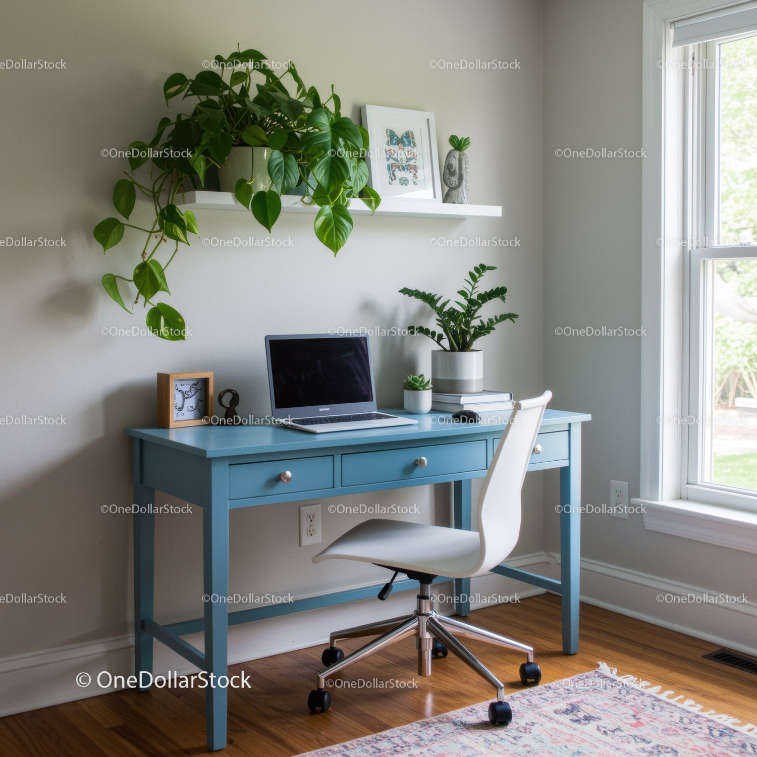 Modern Home Office with Green Houseplants and Bright Natural Light