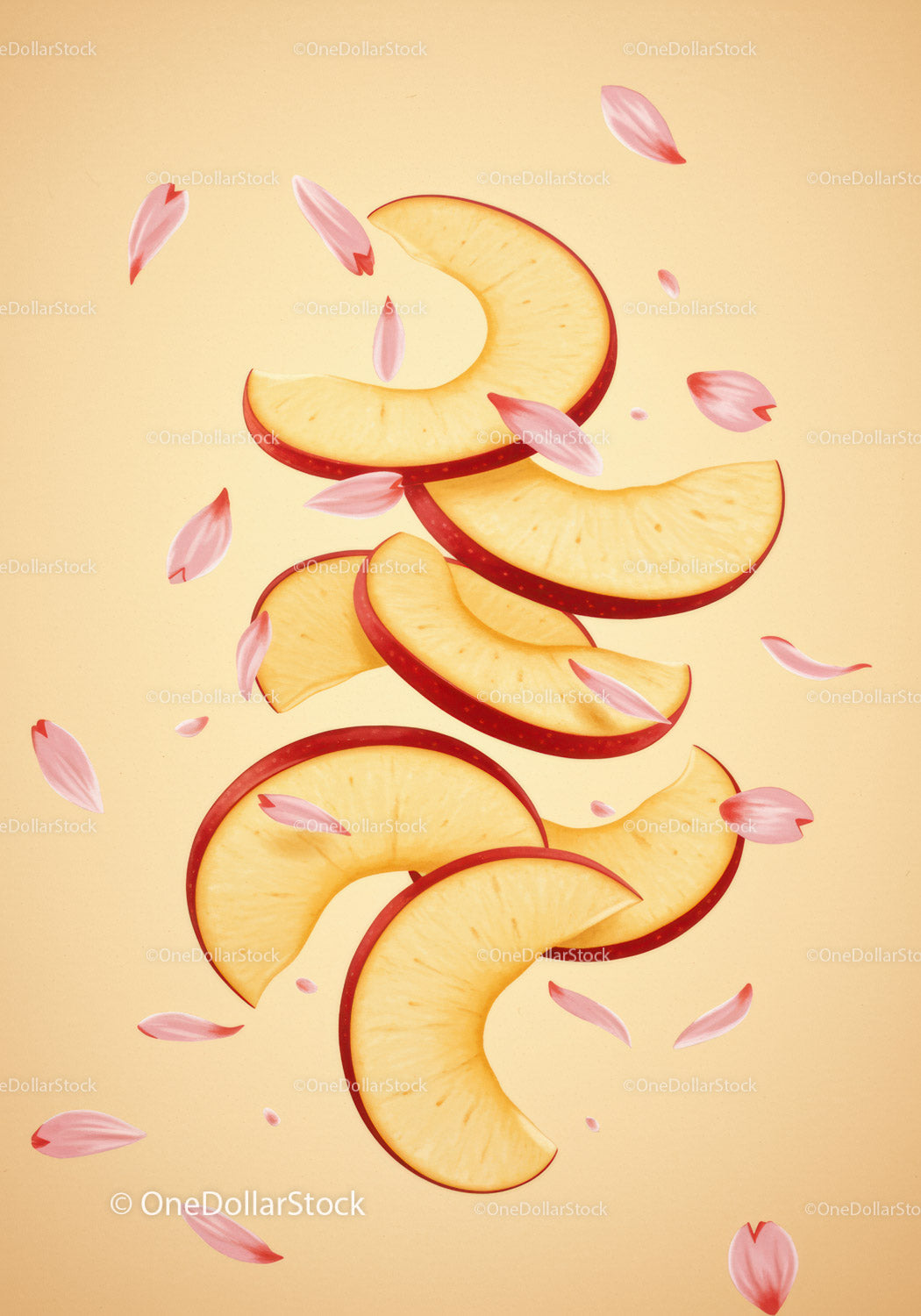 Fresh apple slices with delicate pink petals floating